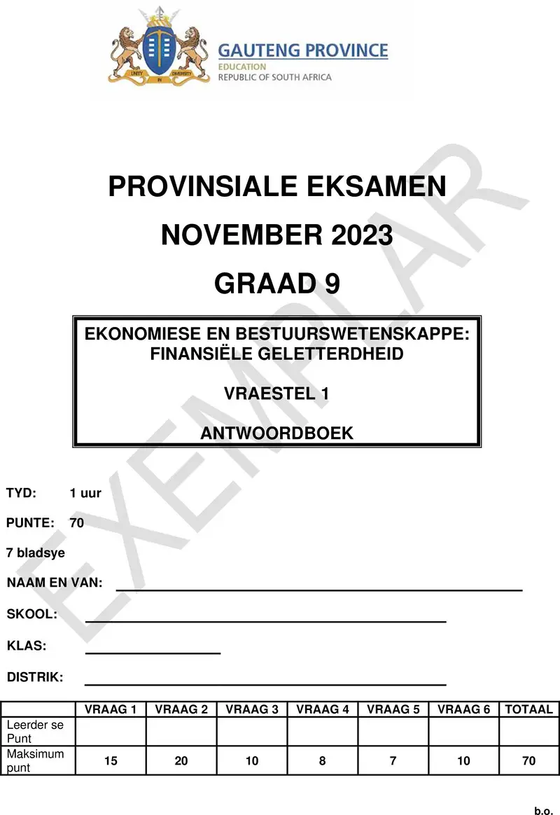Grade 9 Economics Management And Science past paper 2023 – grade 9 provincial exam economics management and sciences p1 afr november 2023 answer book