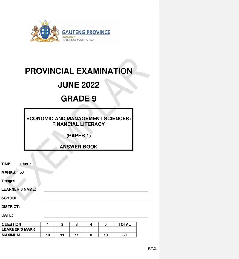 Grade 9 Economics Management And Science past paper 2022 – grade 9 provincial exam economics management and sciences p1 ng june 2022 answer book