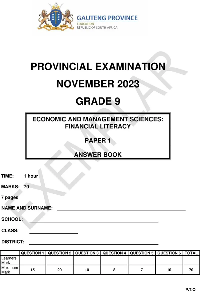 Grade 9 Economics Management And Science past paper 2023 – grade 9 provincial exam economics management and sciences p1 ng november 2023 answer book