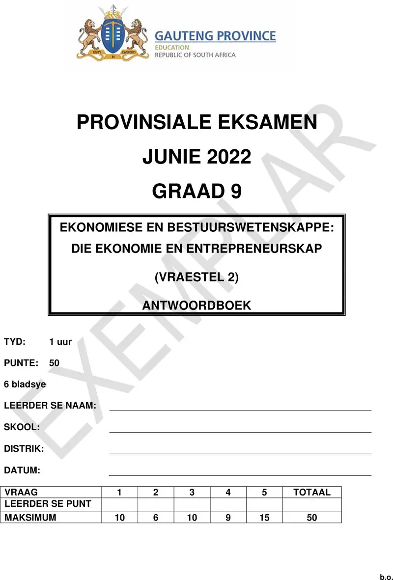 Grade 9 Economics Management And Science past paper 2022 – grade 9 provincial exam economics management and sciences p2 afr june 2022 answer book