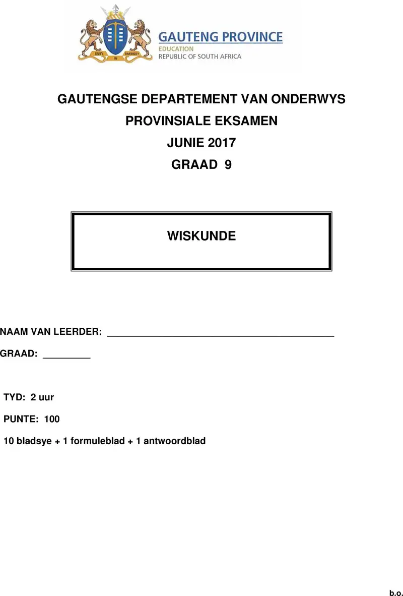 Grade 9 Mathematics past paper 2017 – grade 9 provincial exam mathematics afr june 2017 qp