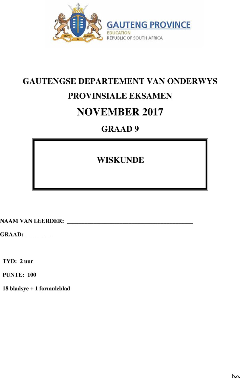 Grade 9 Mathematics past paper 2017 – grade 9 provincial exam mathematics afr november 2017 qp