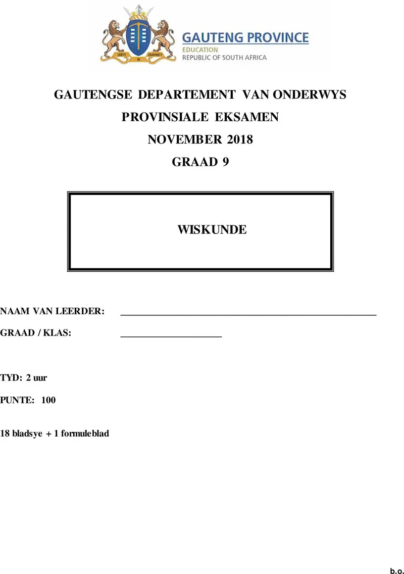 Grade 9 Mathematics past paper 2018 – grade 9 provincial exam mathematics afr november 2018 qp