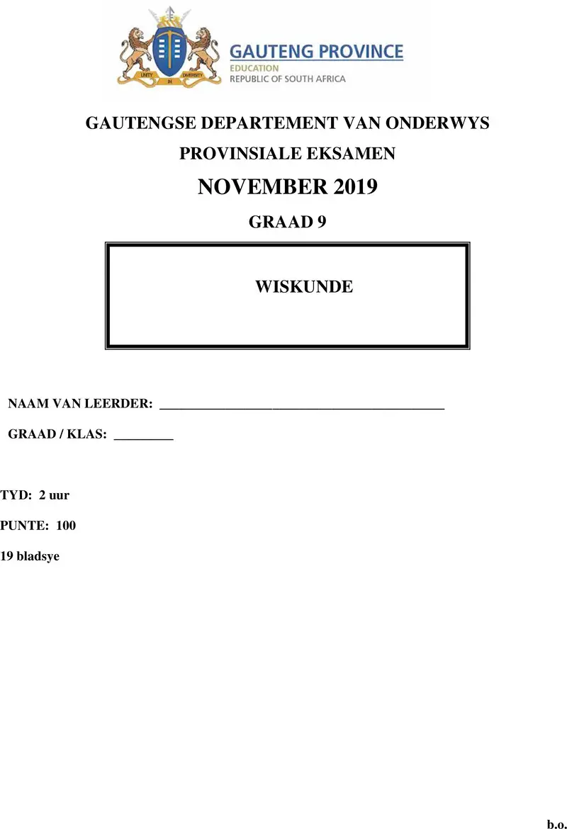 Grade 9 Mathematics past paper 2019 – grade 9 provincial exam mathematics afr november 2019 qp