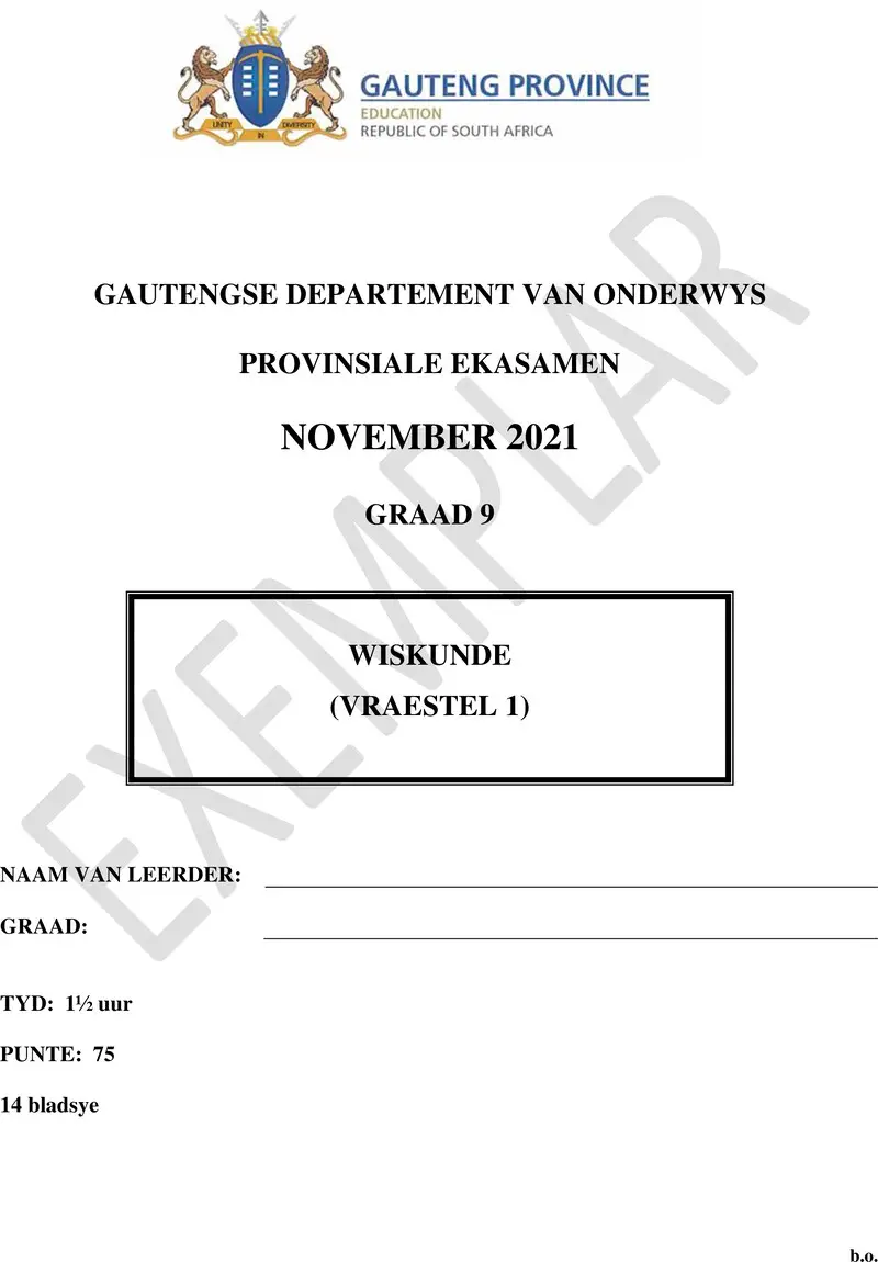 Grade 9 Mathematics past paper 2021 – grade 9 provincial exam mathematics p1 afr november 2021 qp