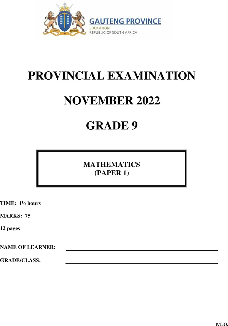 Grade 9 Mathematics past paper 2022 – grade 9 provincial exam mathematics p1 ng november 2022 qp