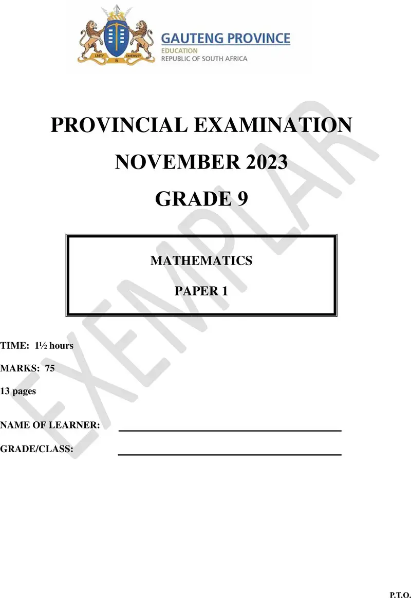 Grade 9 Mathematics past paper 2023 – grade 9 provincial exam mathematics p1 ng november 2023 qp