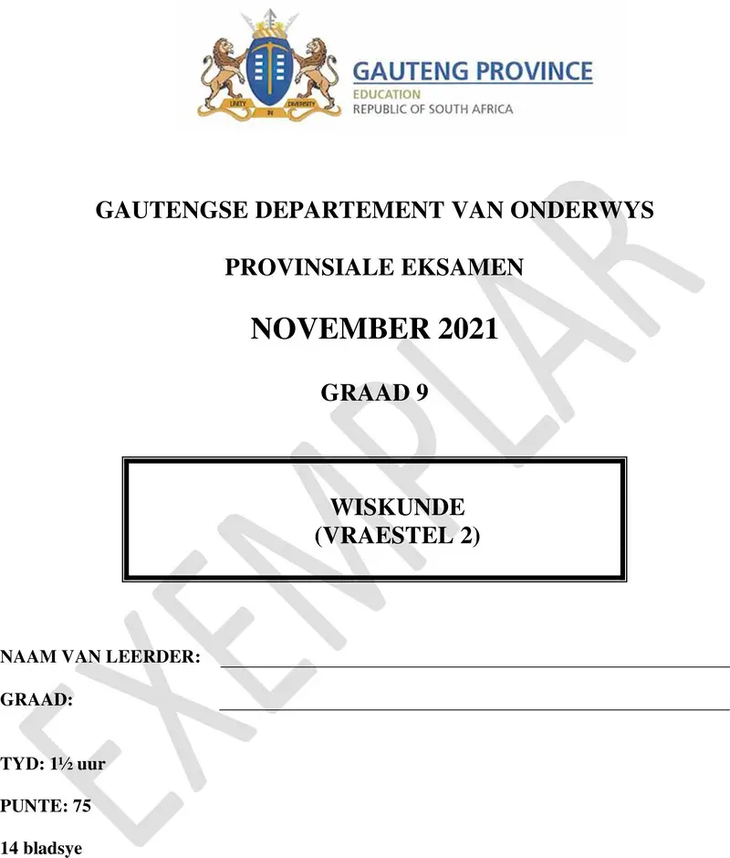Grade 9 Mathematics past paper 2021 – grade 9 provincial exam mathematics p2 afr november 2021 qp