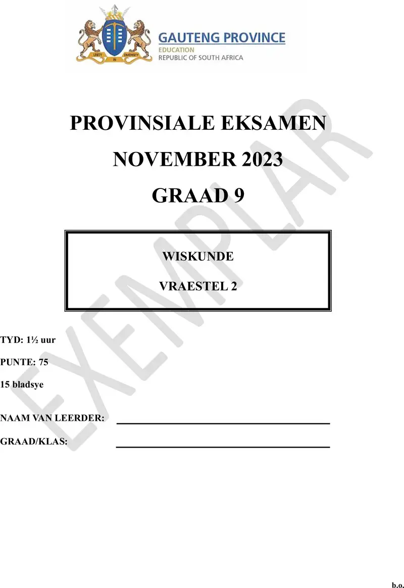 Grade 9 Mathematics past paper 2023 – grade 9 provincial exam mathematics p2 afr november 2023 qp