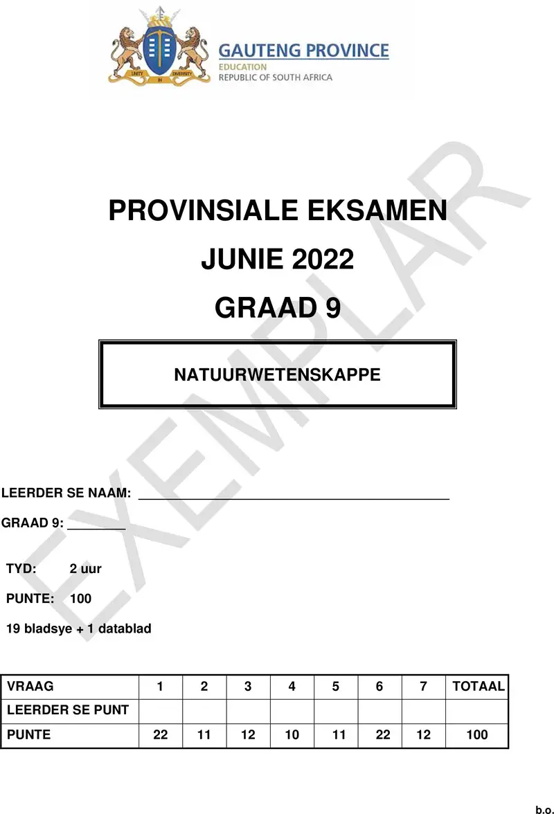 Grade 9 Natuurwetenskappe past paper 2022 – grade 9 provincial exam natural sciences afr june 2022 qp