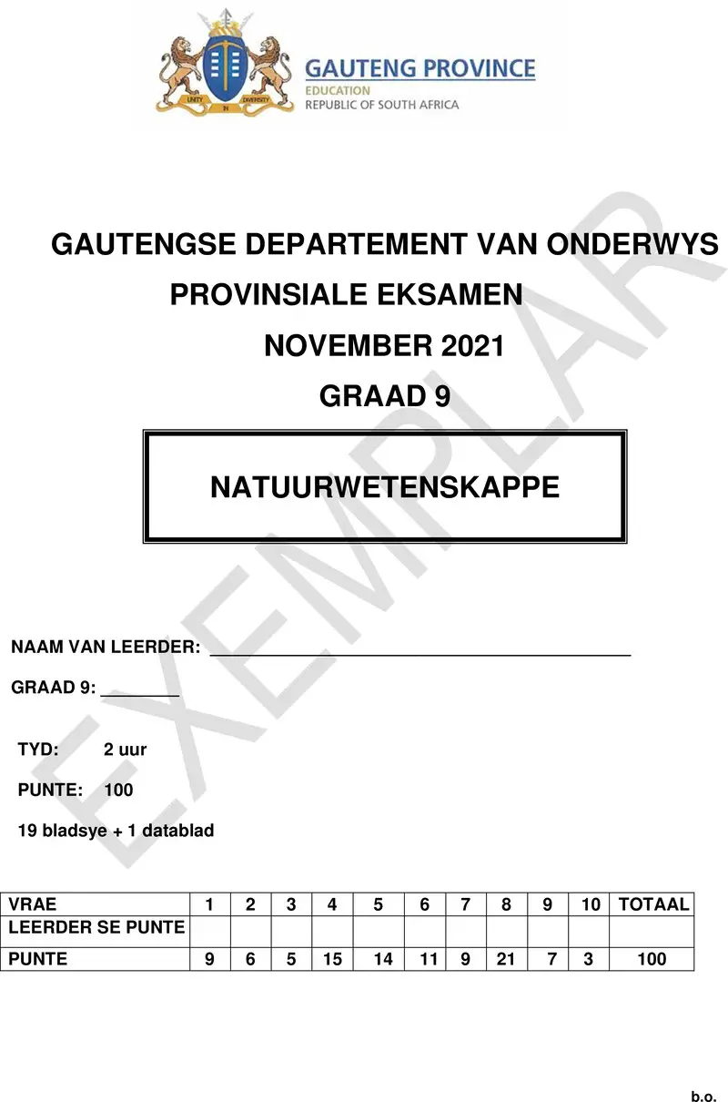 Grade 9 Natuurwetenskappe past paper 2021 – grade 9 provincial exam natural sciences afr november 2021 qp