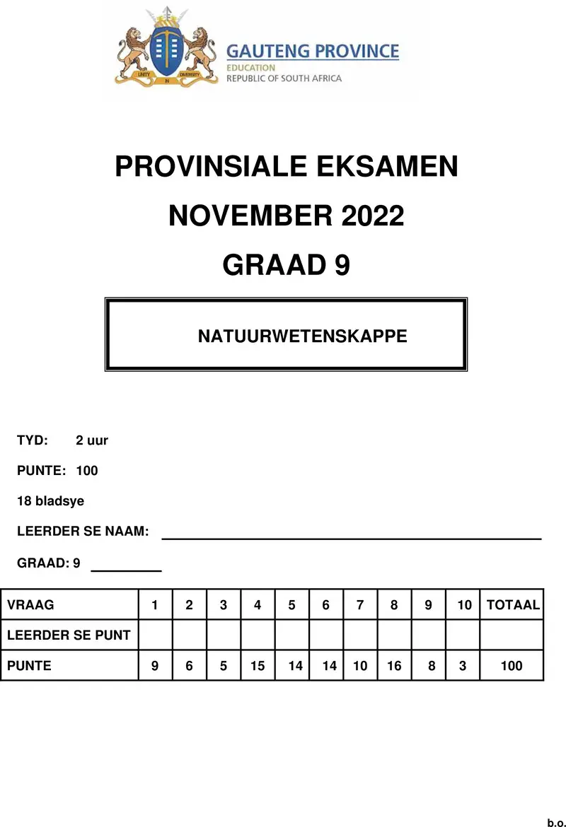 Grade 9 Natuurwetenskappe past paper 2022 – grade 9 provincial exam natural sciences afr november 2022 qp