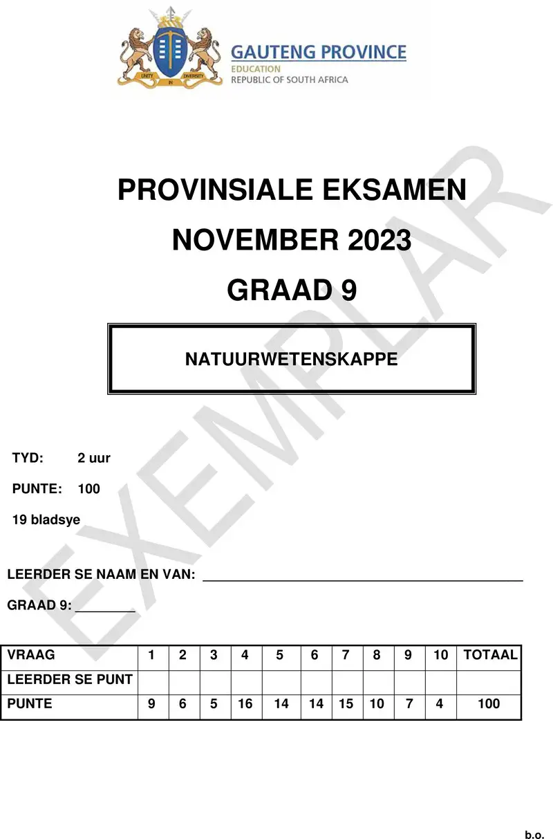 Grade 9 Natuurwetenskappe past paper 2023 – grade 9 provincial exam natural sciences afr november 2023 qp