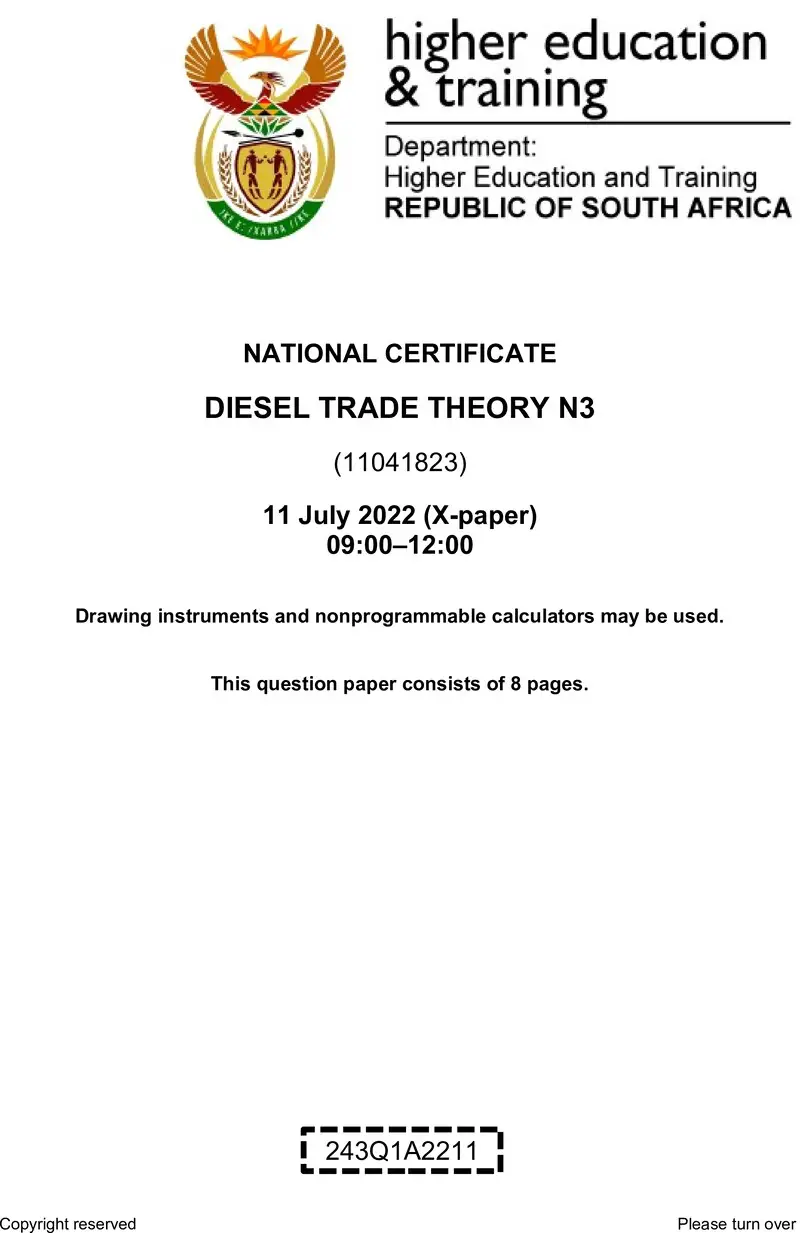 T450 Diesel Trade Theory N3 Aug QP 2022 Sign Off preview