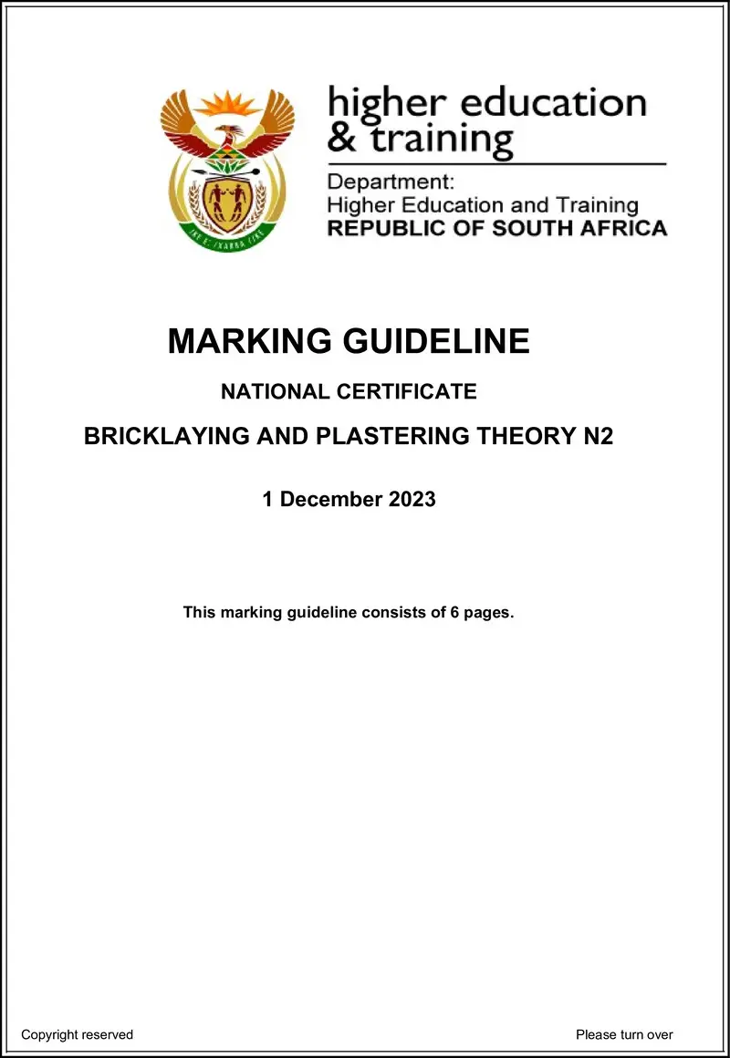 T80 Bricklaying And Plastering Theory N2 MEMO Nov 2023 Sign Off preview