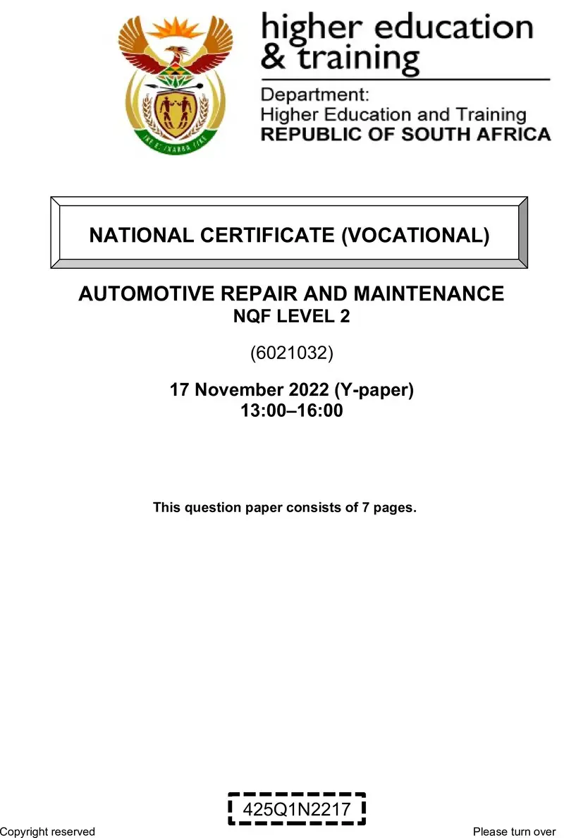 Automotive Repair And Maintenance L2 Nov QP 2022 Pretorius preview