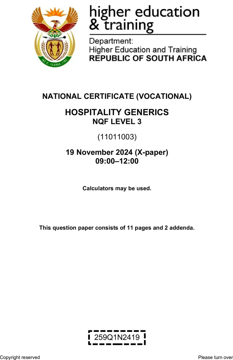 Hospitality Generics L3 QP Nov 2024 preview