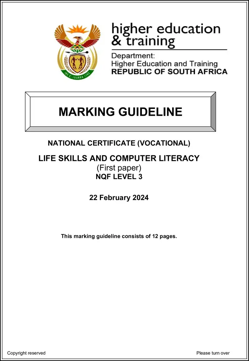 Life Skills And Computer Literacy L3 P1 MEMO Supp 2024 preview