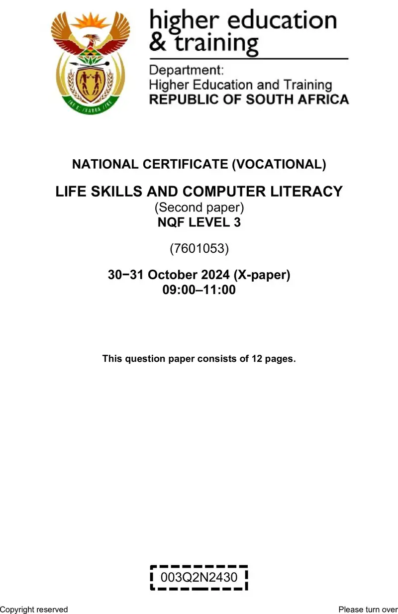 Life Skills And Computer Literacy L3 P2 QP Nov 2024 preview