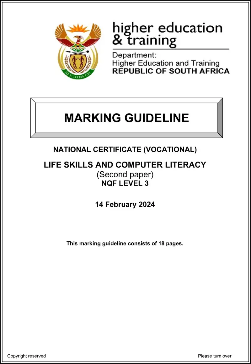 Life Skills And Computer Literacy L3 P2 Supp MEMO 2024 preview