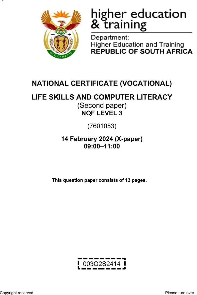 Life Skills And Computer Literacy L3 P2 Supp QP 2024 preview