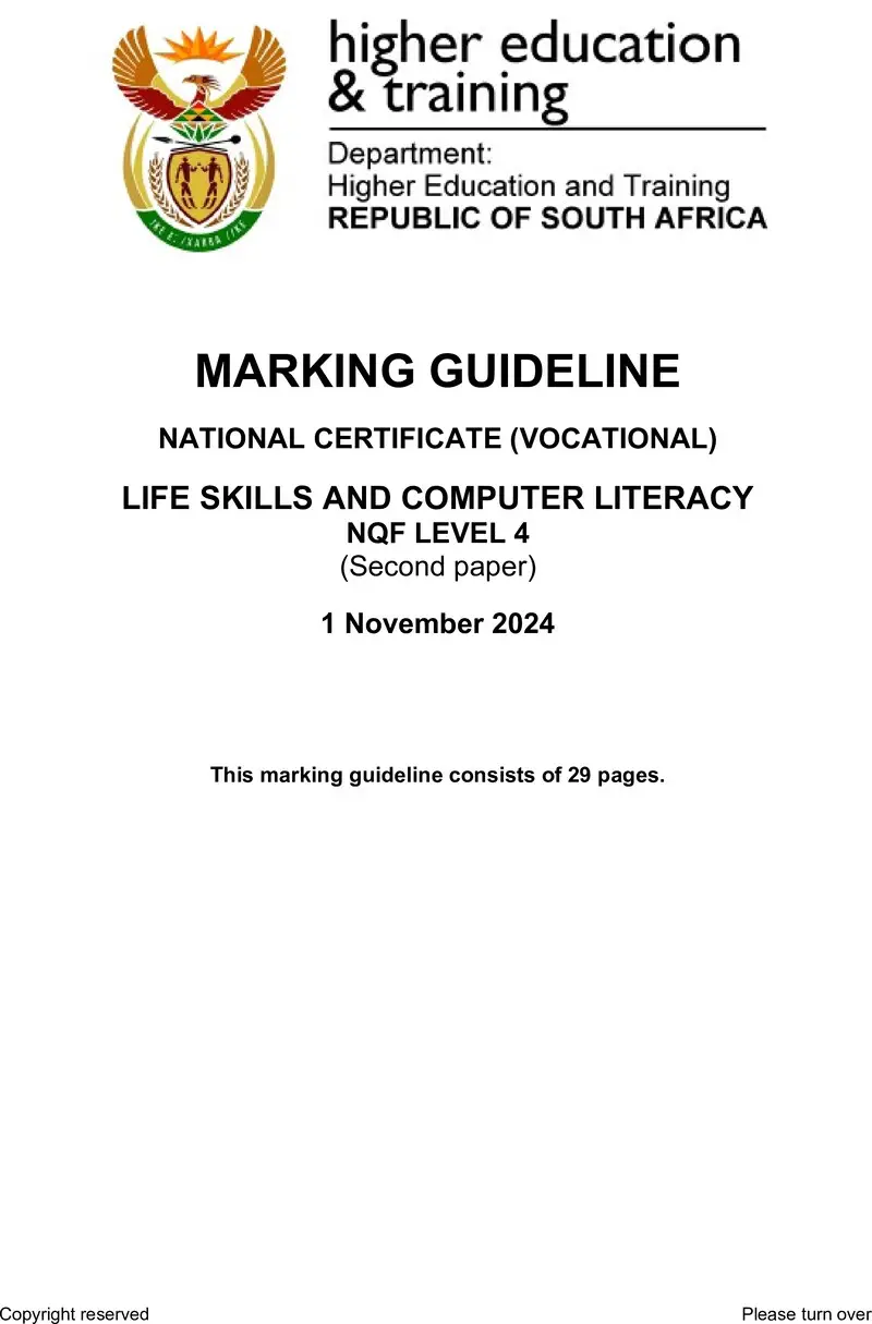 Life Skills And Computer Literacy L4 P2 MEMO Nov 2024 preview