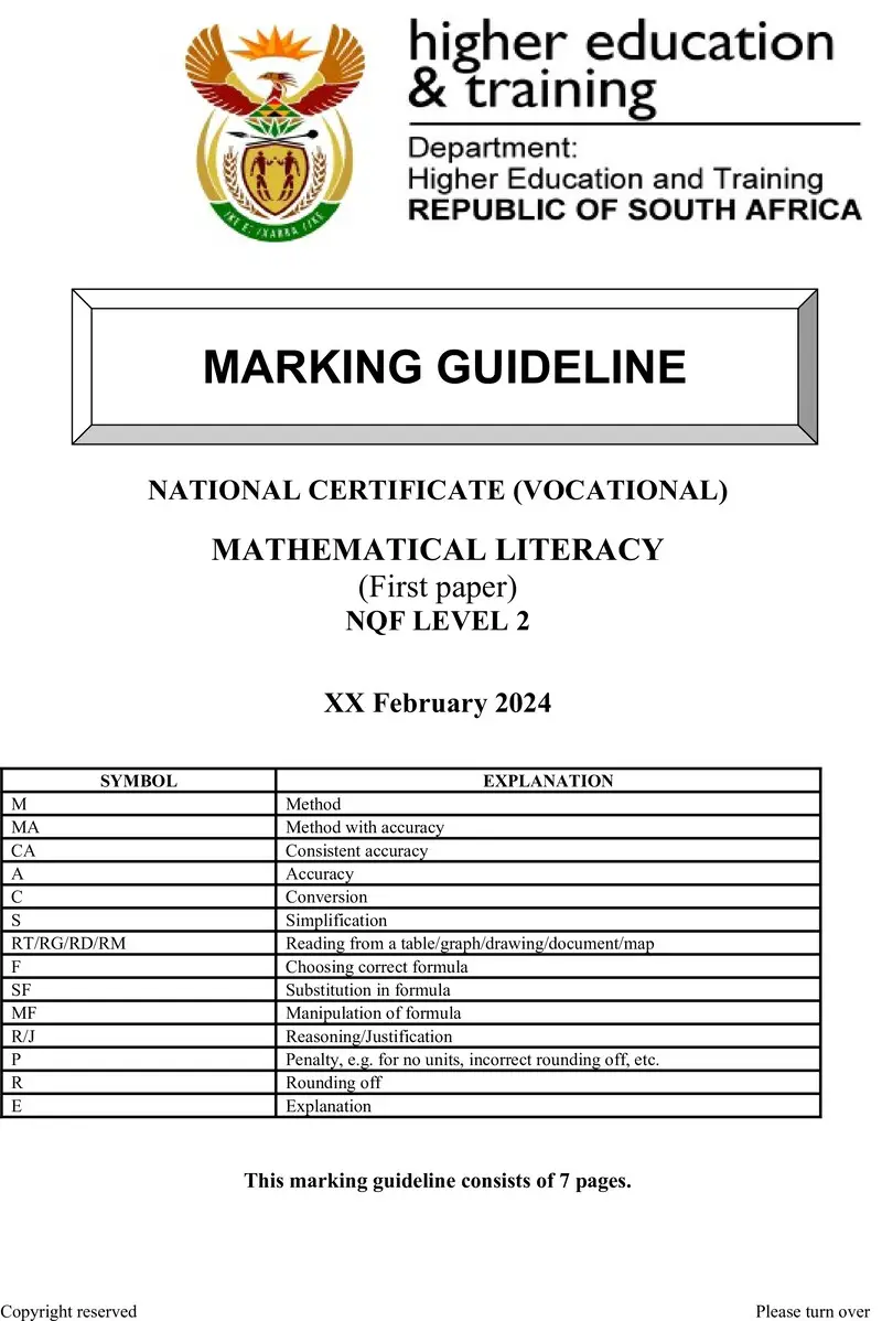 Mathematical Literacy L2 P1 MEMO Supp 2024 preview