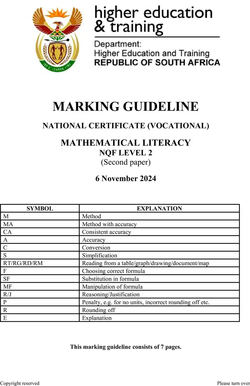 Mathematical Literacy L2 P2 MEMO Nov 2024 preview