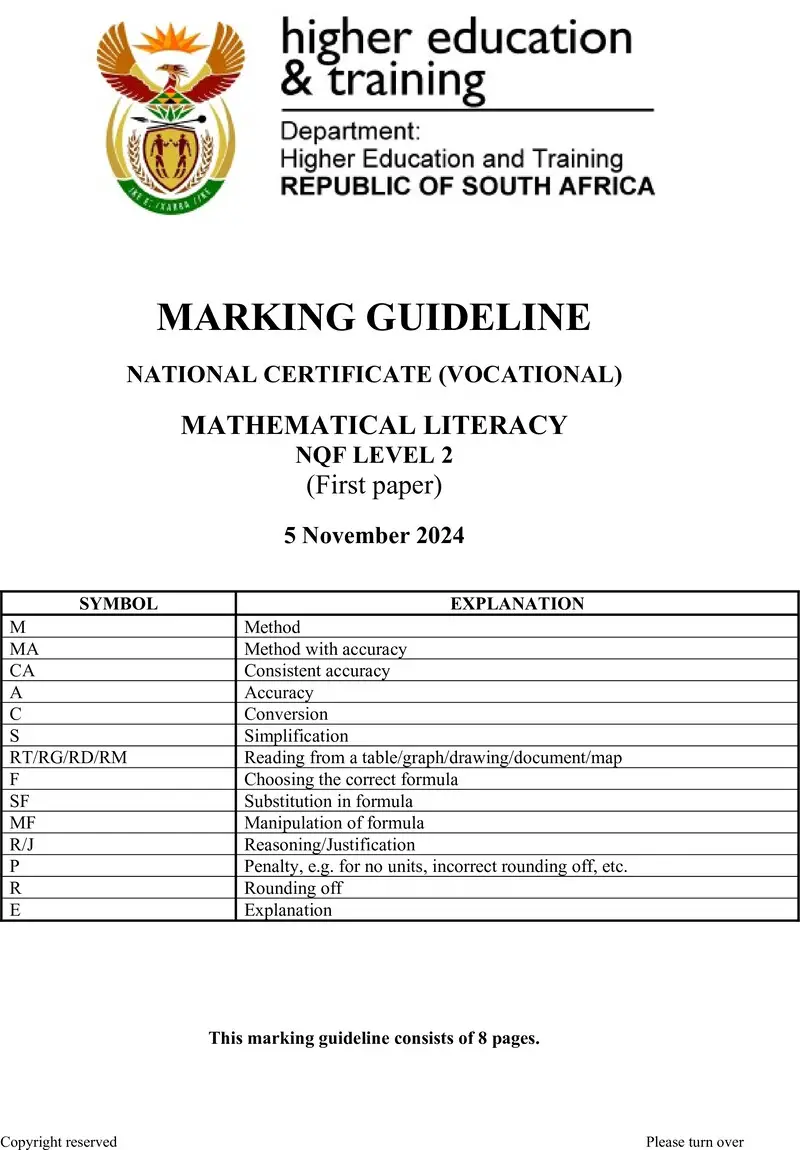 Mathematical Literacy L2 P1 MEMO Nov 2024 preview