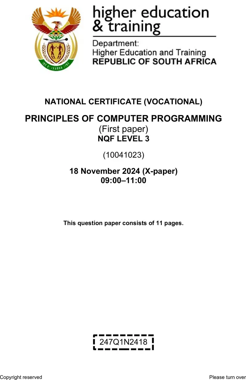 Principles Of Computer Programming L3 P1 QP Nov 2024 preview