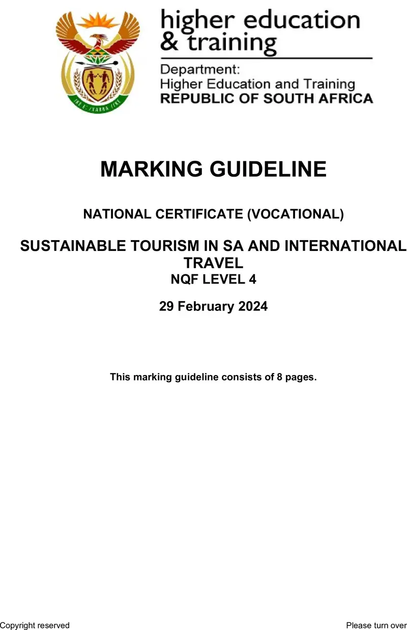 Sustainable Tourism In Sa And International Travel L4 Supp 2024 MEMO preview