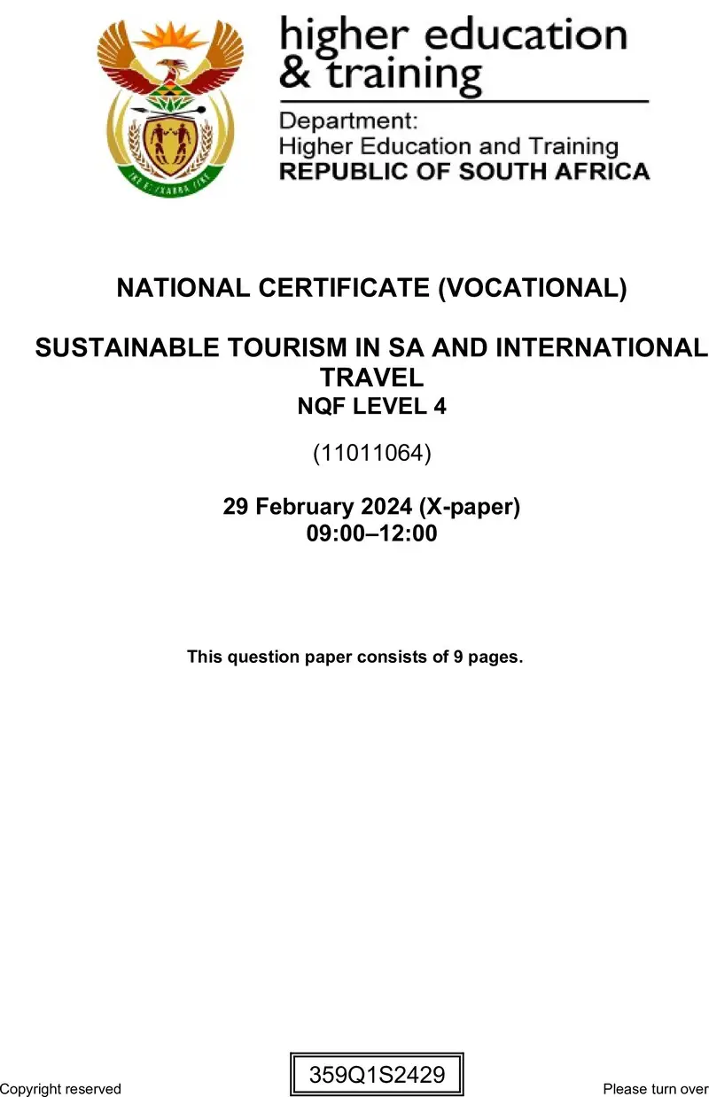 Sustainable Tourism In Sa And International Travel L4 Supp 2024 QP preview