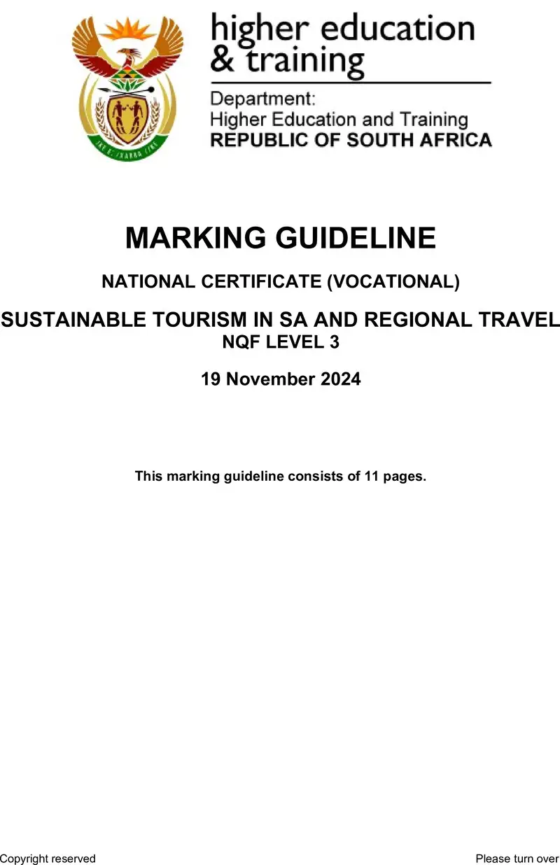 Sustainable Tourism In Sa And Regional Travel L3 Nov MEMO 2024 preview
