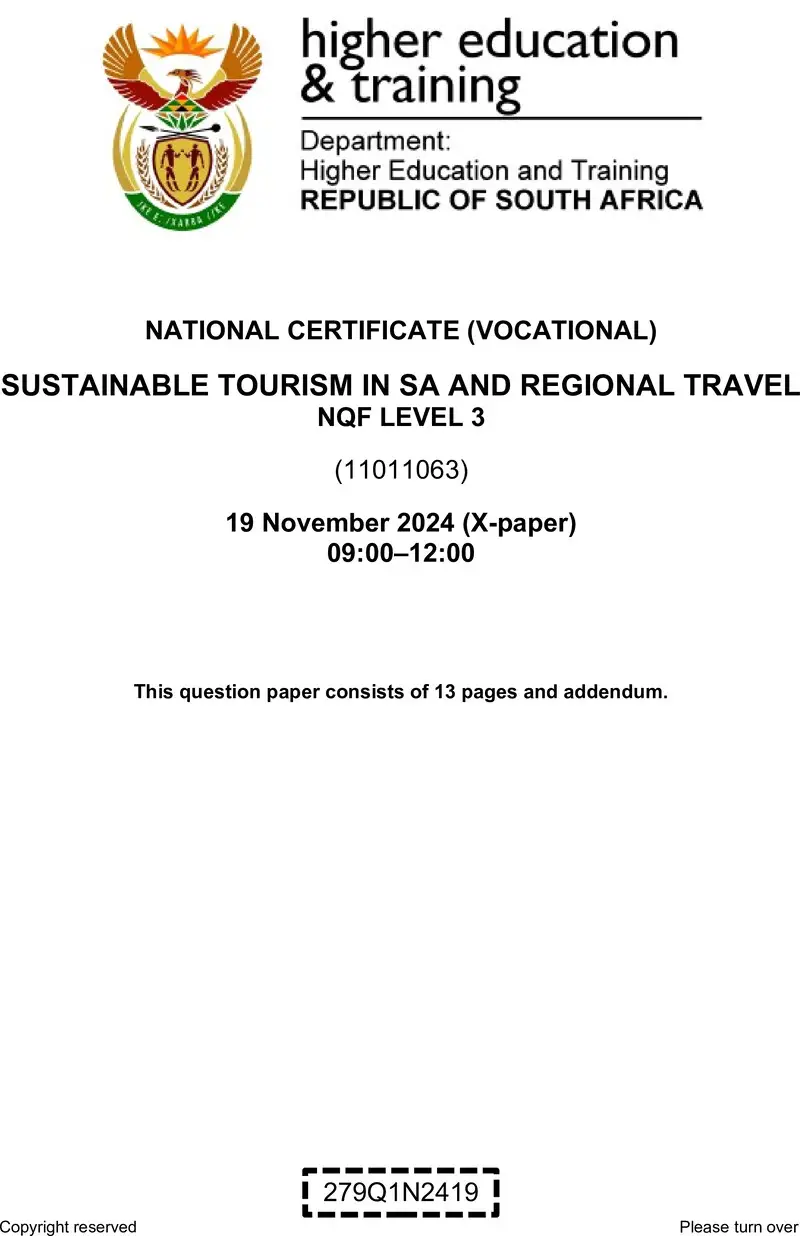Sustainable Tourism In Sa And Regional Travel L3 Nov QP 2024 preview