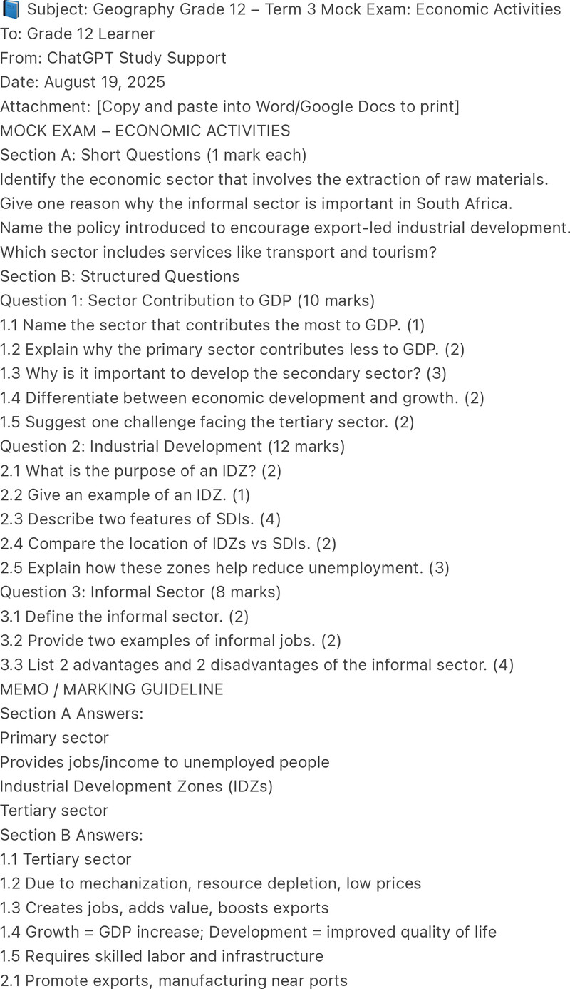 Grade 12 Geography past paper 2025 – subject geography grade 12 term 3 mock exam economic activities