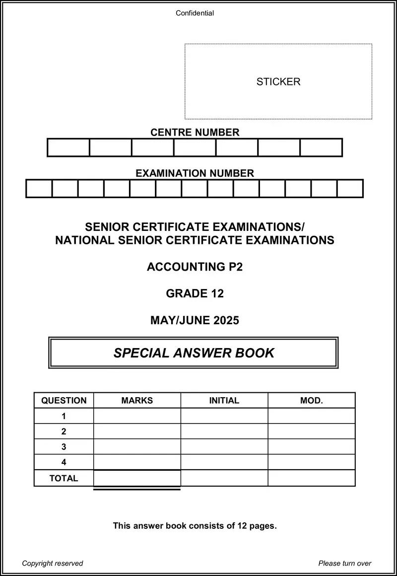 Grade 12 Accounting past paper 2025 – accounting p2 may june 2025 answer book eng gr12