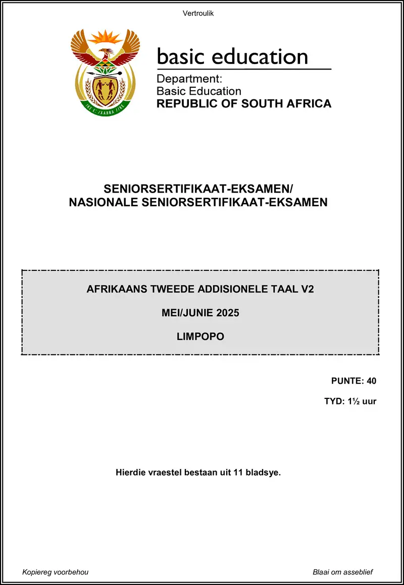 Grade 12 Afrikaans past paper 2025 – afrikaans sal p2 may june 2025 limpopo gr12