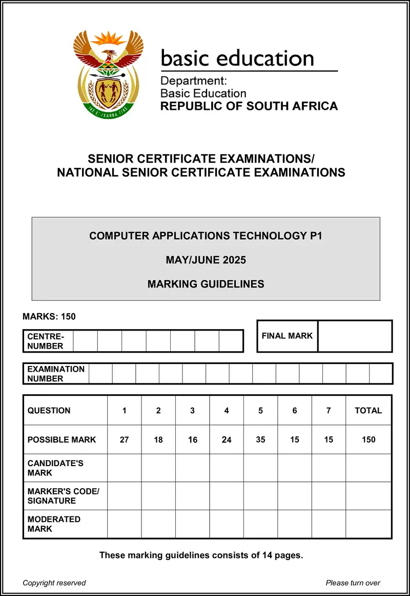 Grade 12 Computer Applications Technology past paper 2025 – computer applications technology p1 may june 2025 mg eng gr12