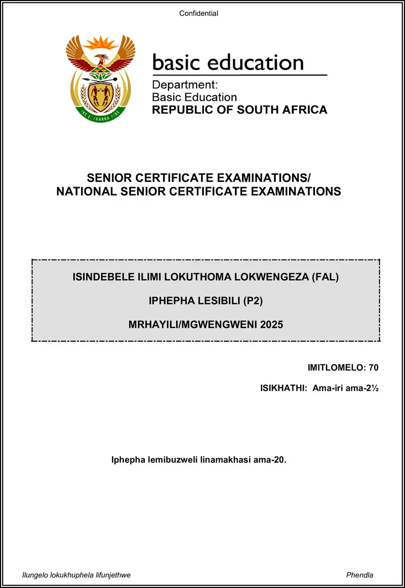 Grade 12 isiNdebele past paper 2025 – isindebele fal p2 may june 2025 gr12