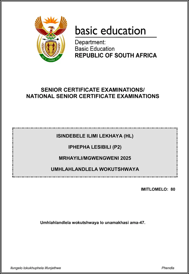 Grade 12 isiNdebele past paper 2025 – isindebele hl p2 may june 2025 mg gr12