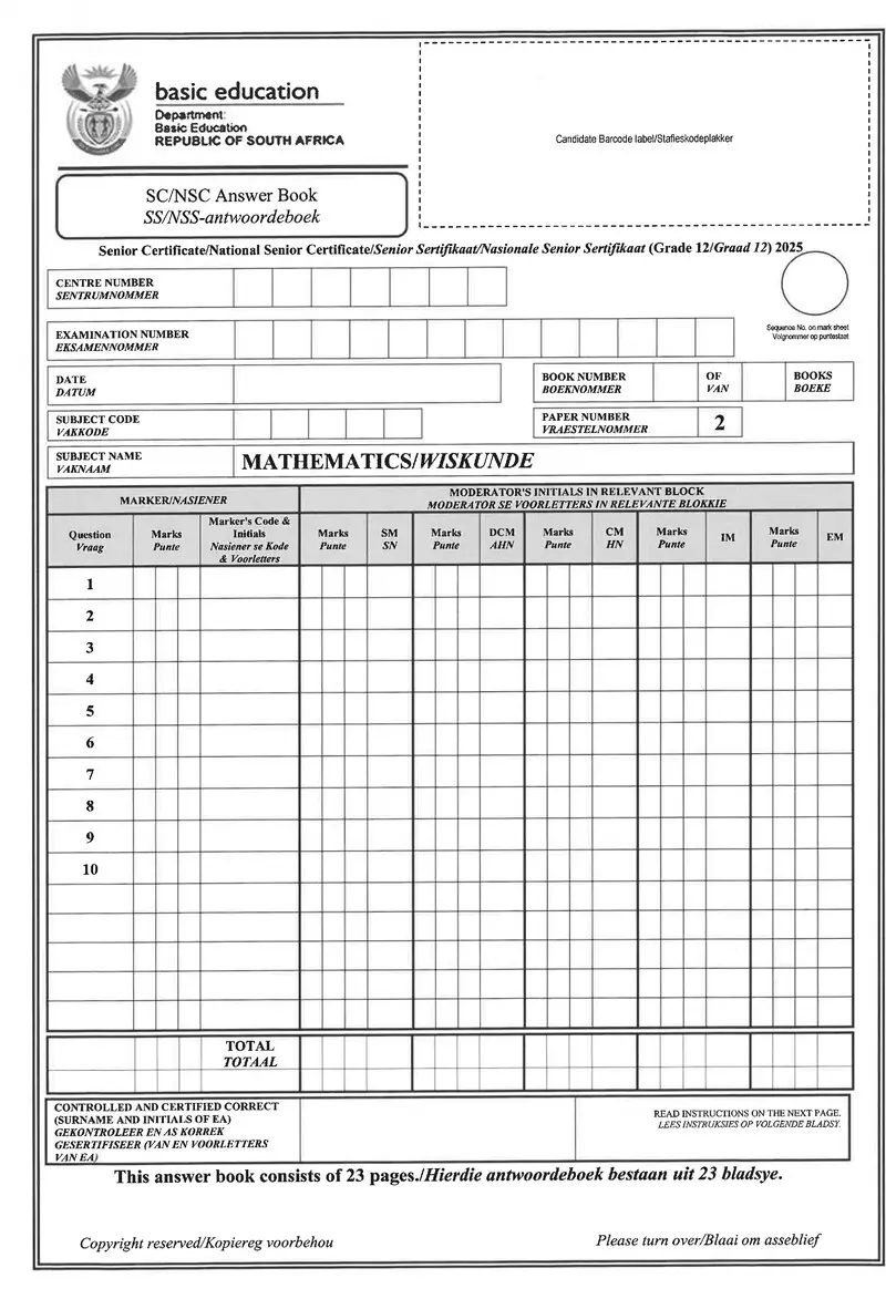 Grade 12 Mathematics past paper 2025 – mathematics p2 may june 2025 answer book afr eng gr12