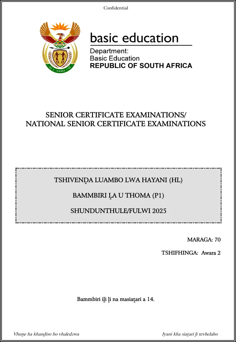 Grade 12 Tshivenda past paper 2025 – tshivenda hl p1 may june 2025 gr12