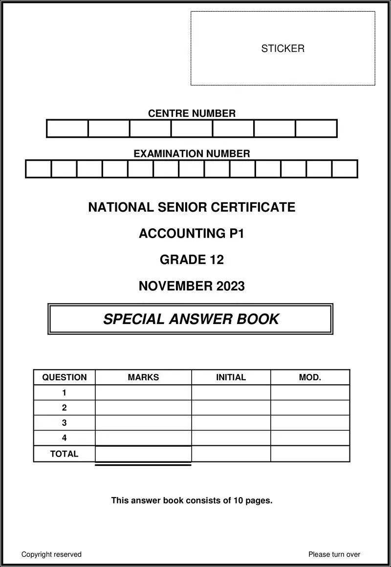Grade 12 Accounting past paper 2023 – accounting p1 nov 2023 answer book eng gr12