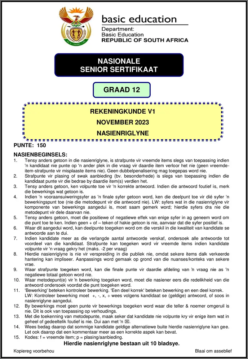 Grade 12 Accounting past paper 2023 – accounting p1 nov 2023 mg afr gr12