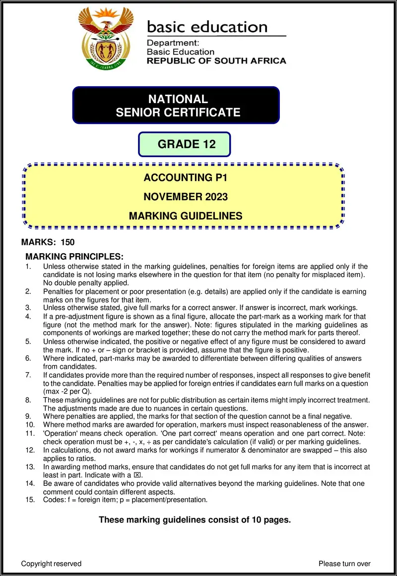 Grade 12 Accounting past paper 2023 – accounting p1 nov 2023 mg eng gr12