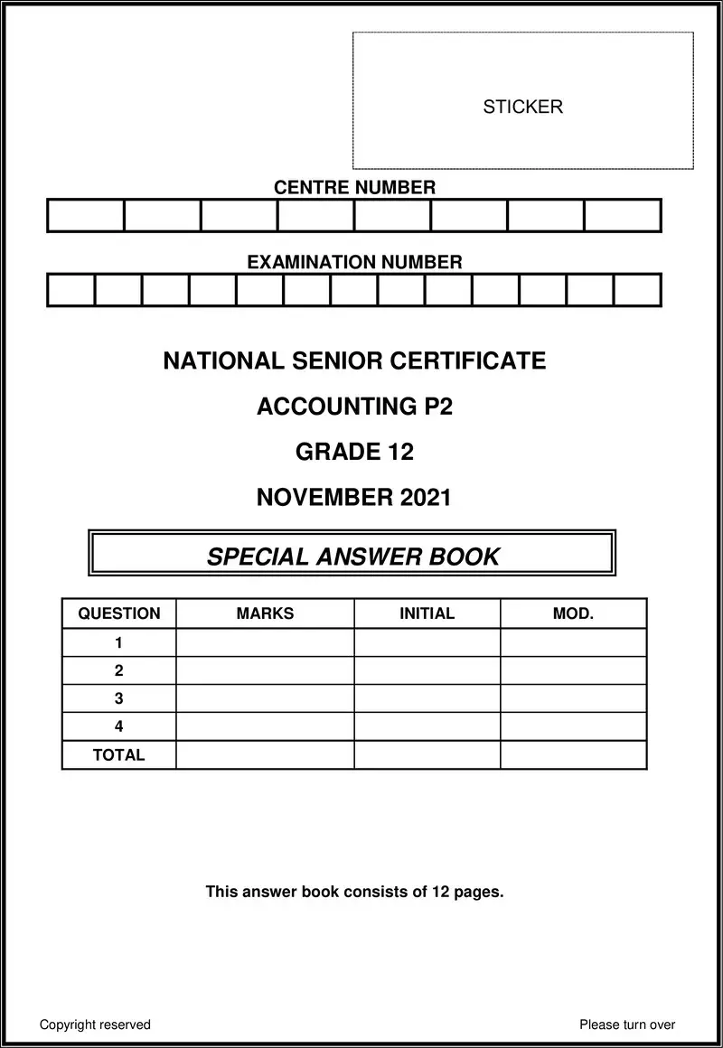 Grade 12 Accounting past paper 2021 – accounting p2 nov 2021 answer book eng gr12