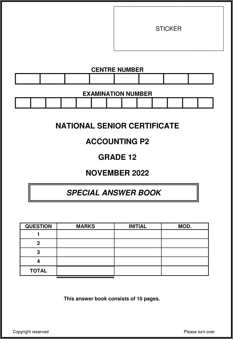 Grade 12 Accounting past paper 2022 – accounting p2 nov 2022 answer book eng gr12