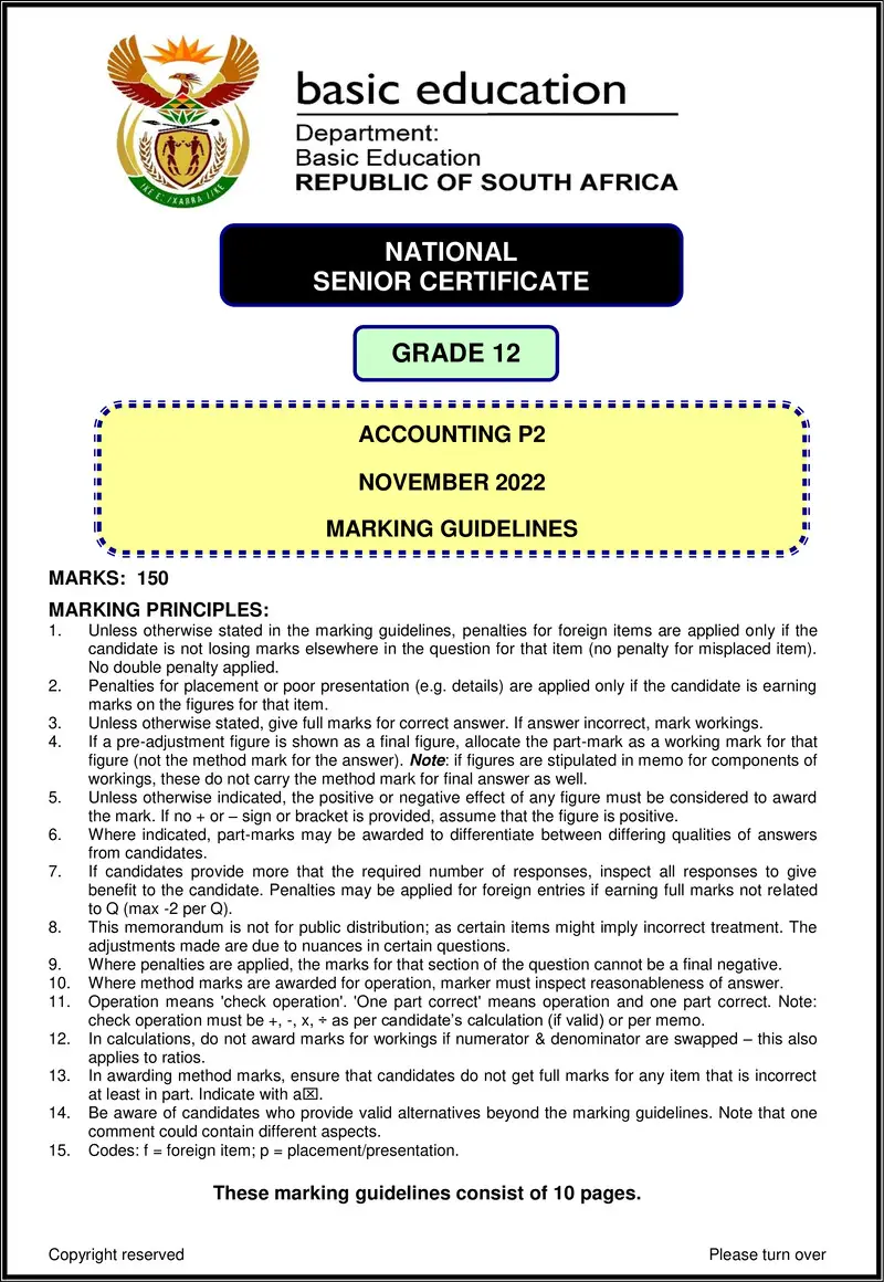 Grade 12 Accounting past paper 2022 – accounting p2 nov 2022 mg eng gr12