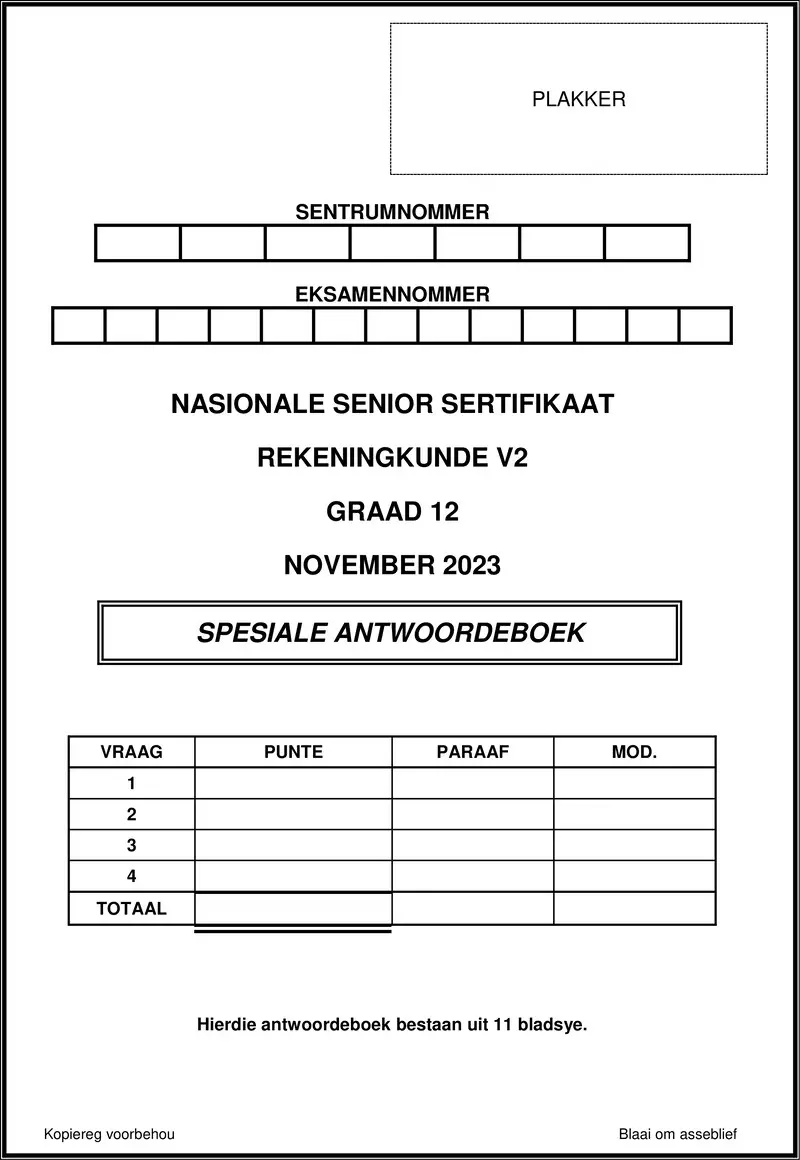 Grade 12 Accounting past paper 2023 – accounting p2 nov 2023 answer book afr gr12