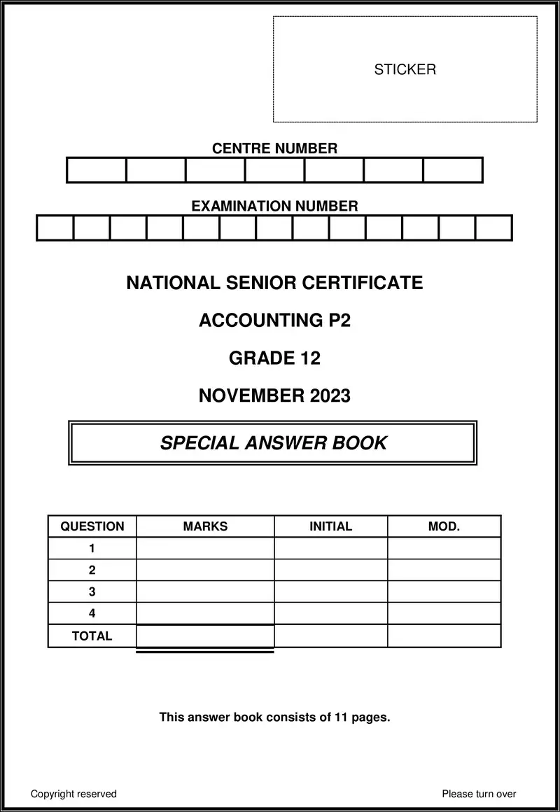 Grade 12 Accounting past paper 2023 – accounting p2 nov 2023 answer book eng gr12